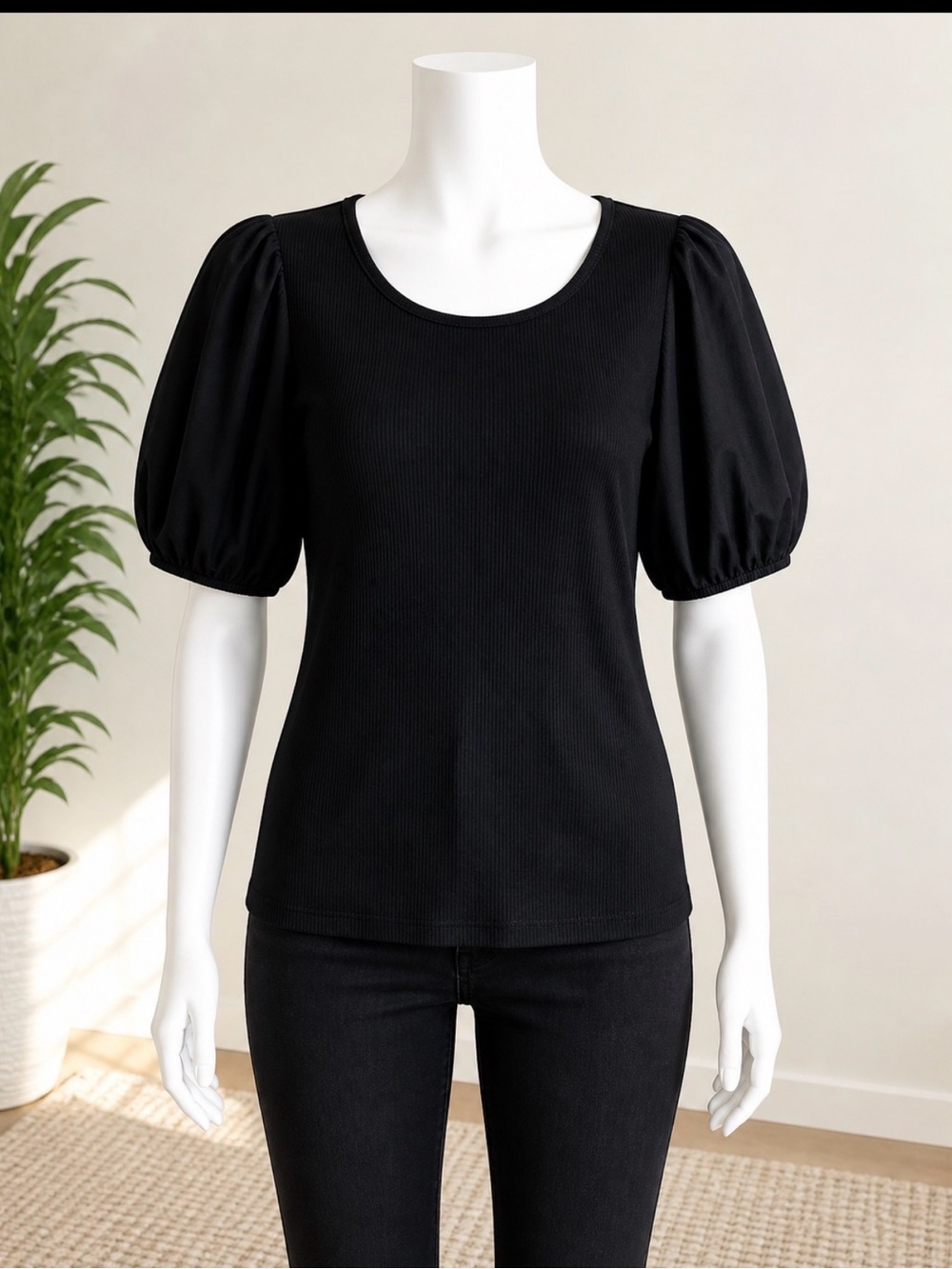 LOFT Black Puff Sleeve Ribbed Short Sleeve Tee